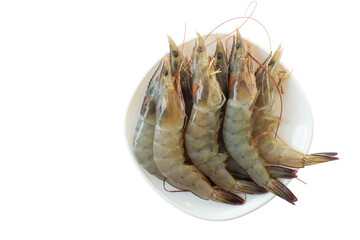 Top view of raw shrimps or fresh prawns in white plate for cooking isolated on white background included clipping path.