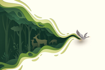 Fototapeta Flying bird in natural forest layered shape wavy background in paper cut style obraz