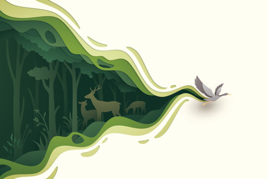 Flying Bird In Natural Forest Layered Shape Wavy Background In Paper Cut Style