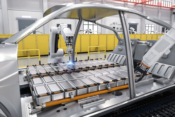 Robot assembly line with electric car battery cells module on platform - obrazy, fototapety, plakaty