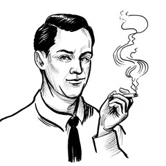 Man smoking marijuana joint. Ink black and white drawing