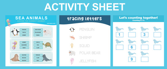 Educational printable worksheet. Activity sheet for children with sea animal theme. Vocabulary, tracing letters and counting worksheet. Vector illustrations.