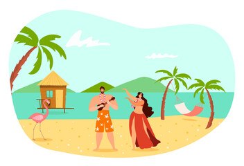 Romantic couple woman, man character in tradition hawaii dress play guitar music tropical country flat vector illustration, isolated on white.