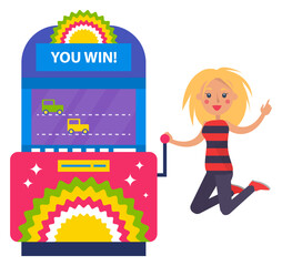 Blonde girl in striped shirt jumping for joy in casino. Young woman playing slot machines. Excited female player celebrating victory, gambling vector
