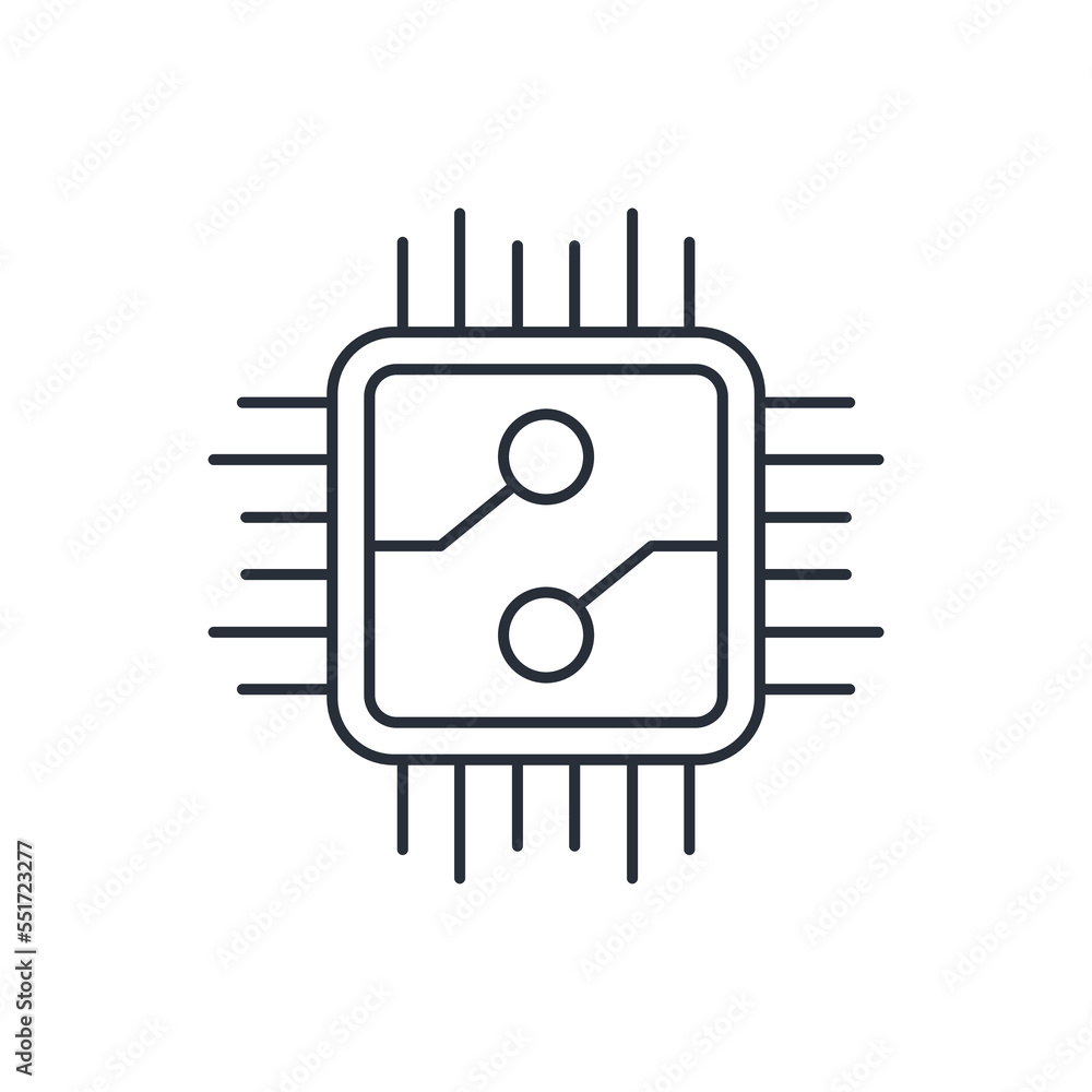 Poster electronic chip with a microcircuit. element of digital equipment. vector linear icon isolated on wh