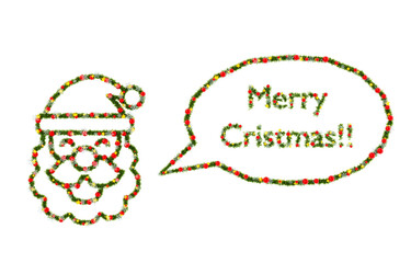 Beautiful Christmas Graphic Element with christmas wreath material in the shape of Greeting Santa Claus, with red orbs and snowflakes and shiny stars on transparent background (RGBA 3D Rendering PNG)