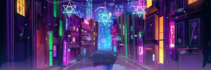 Hanukkah decoration on city street at night. Urban landscape with houses and skyscrapers with glowing windows and bright stars of david, vector cartoon illustration