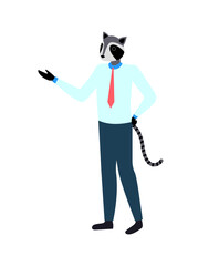 Fototapeta na wymiar Raccoon character in suit presenting, element of worker speech. Portrait and full length view of standing hipster animal, employee report, create vector