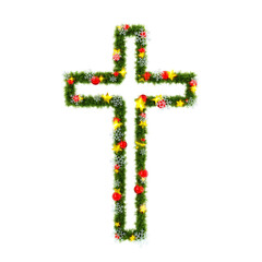 Beautiful Christmas Graphic Element with christmas wreath material in the shape of cross, with red orbs and snowflakes and shiny stars on transparent background (RGBA 3D Rendering PNG)