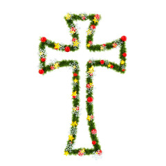 Beautiful Christmas Graphic Element with christmas wreath material in the shape of cross, with red orbs and snowflakes and shiny stars on transparent background (RGBA 3D Rendering PNG)