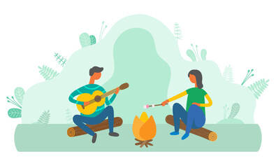 People relaxing by bonfire in forest vector, man playing guitar and woman frying marshmallow. Rest on nature, male guitarist couple spending time outdoors