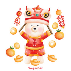 Naklejka premium Cute bunny in Chinese traditional costume and Decoration, Cheongsam dress, the year of rabbit
