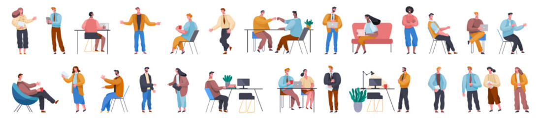 Set of businessman character poses, gestures and actions. Office worker professional standing, working. Meeting planning, success, work process, coffee break. Human personages in workflow process