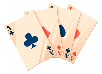 Playing cards vector, isolated icons with clubs flat style. Poker game, gambling on money, red and black types of aces. Fortune and luck in gaming