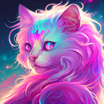 Neon rainbow anime kawaii cat Stock Illustration