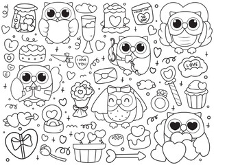 Valentine's day owl coloring pages for kids 
