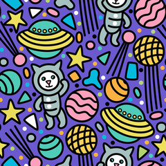 Vector seamless pattern with galactic spaceships Kids futuristic design with ufo, planets, asteroids, stars and comets and cats astronauts