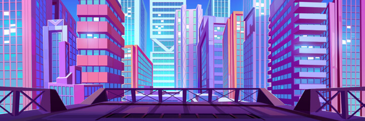 Rooftop terrace with view of city buildings and skyscrapers. Empty roof or balcony above city street with background of downtown landscape, vector cartoon illustration