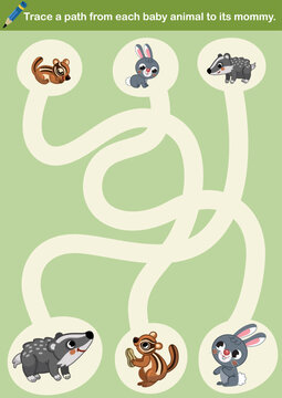 Trace a path from each baby animal to its mother. Educational vector illustration for children.