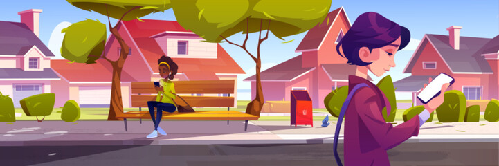 Women with smartphones walking on street and sitting on bench at suburban area with cottage houses. Girls use mobile phones outdoors, communicating and sending messages, Cartoon vector illustration
