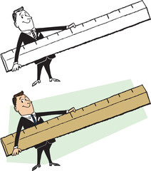 A vintage retro cartoon of a businessman holding a giant oversized ruler. 