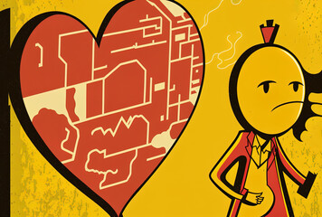 Yellow backdrop with a red heart figure mascot and an abstract city plan map.. Generative AI