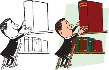 A vintage retro cartoon of a businessman stacking books on a library shelf. 