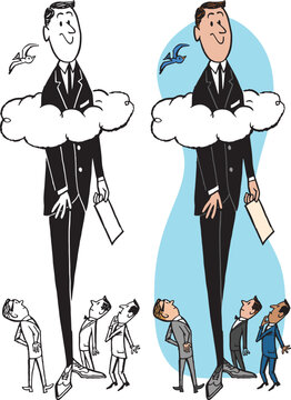 A vintage retro cartoon of a businessman walking with his head above the clouds. 