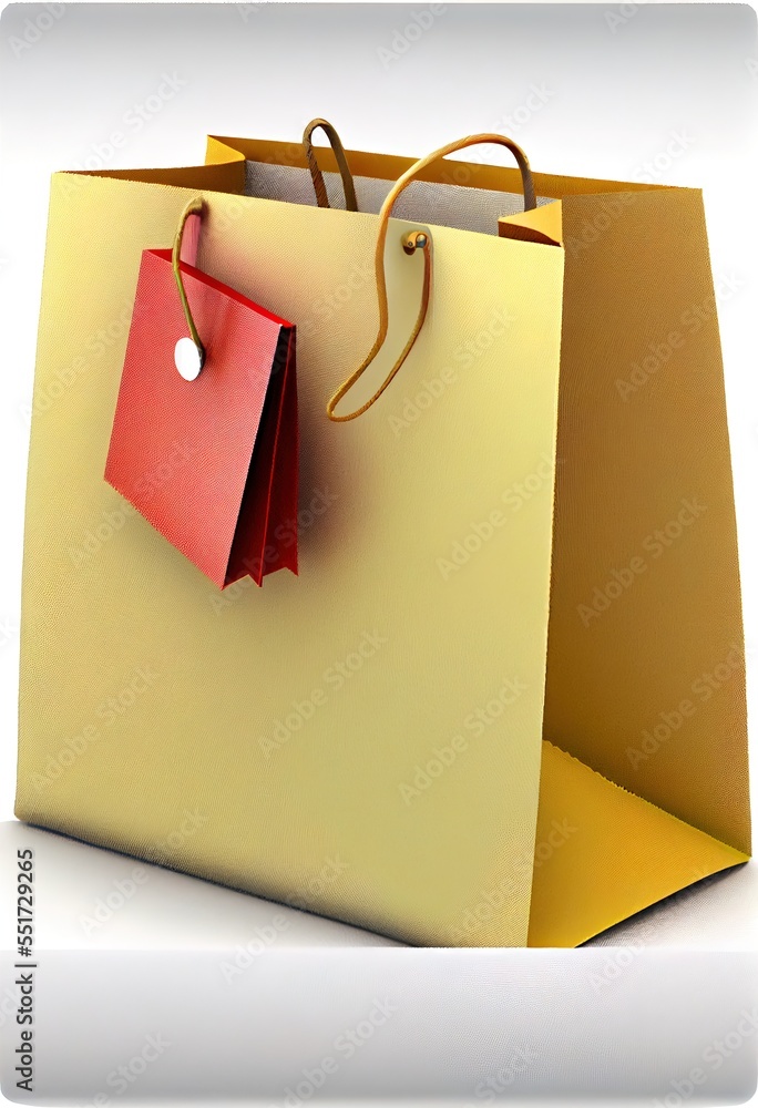 Aufkleber a yellow and red shopping bag with a tag on it's handle and a yellow paper bag with a red tag on it'