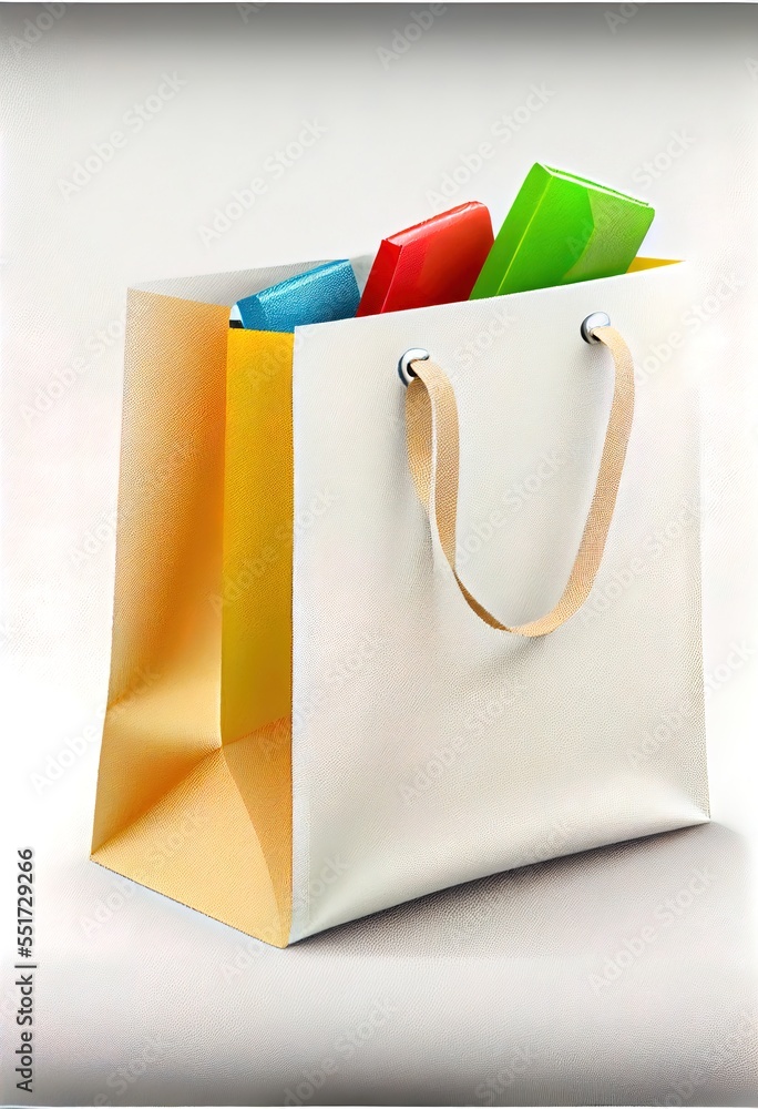 Poster a white bag with a brown handle and a yellow handle and a green handle and a red handle and a red ha