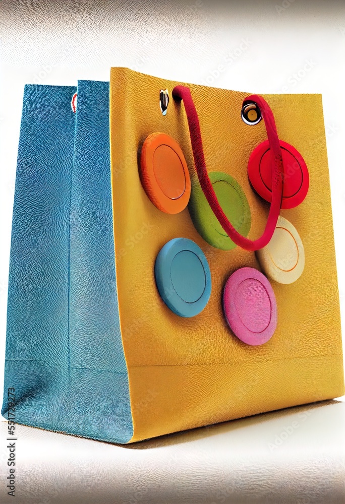 Poster a yellow bag with a colorful handle and a red handle and a blue bag with a red handle and a yellow b
