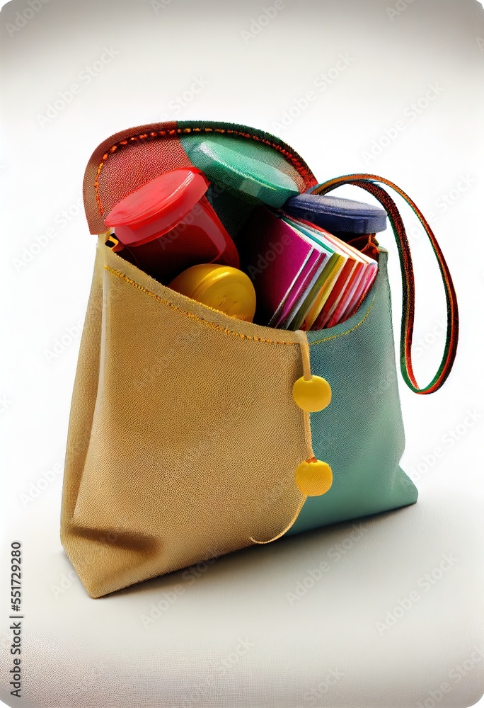 Poster a bag filled with lots of different items on a white surface with a zippered pouch on the side. gene
