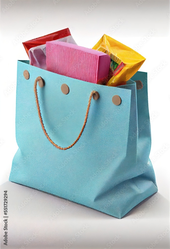 Poster a blue bag with a string on it and some candy in it and a yellow bag with a red bag on top. generati
