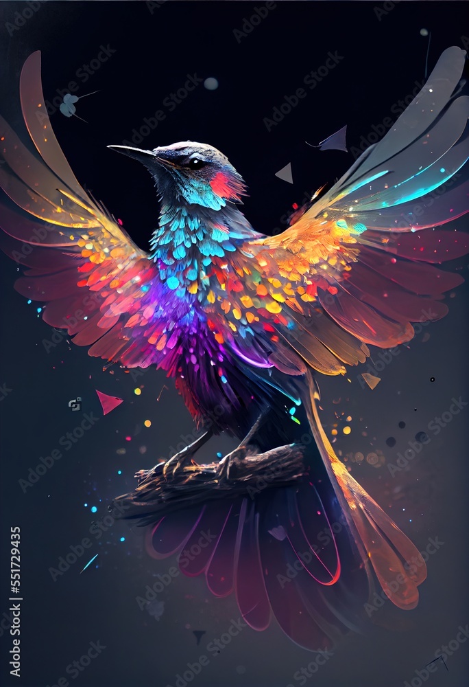 Aufkleber a colorful bird with its wings spread out on a branch against a dark background the bird appears to 