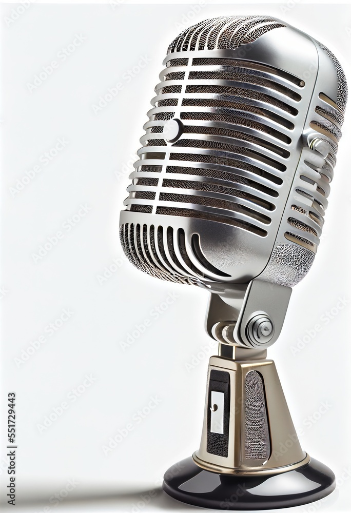 Poster a silver microphone with a black base and a white background behind it. generative ai