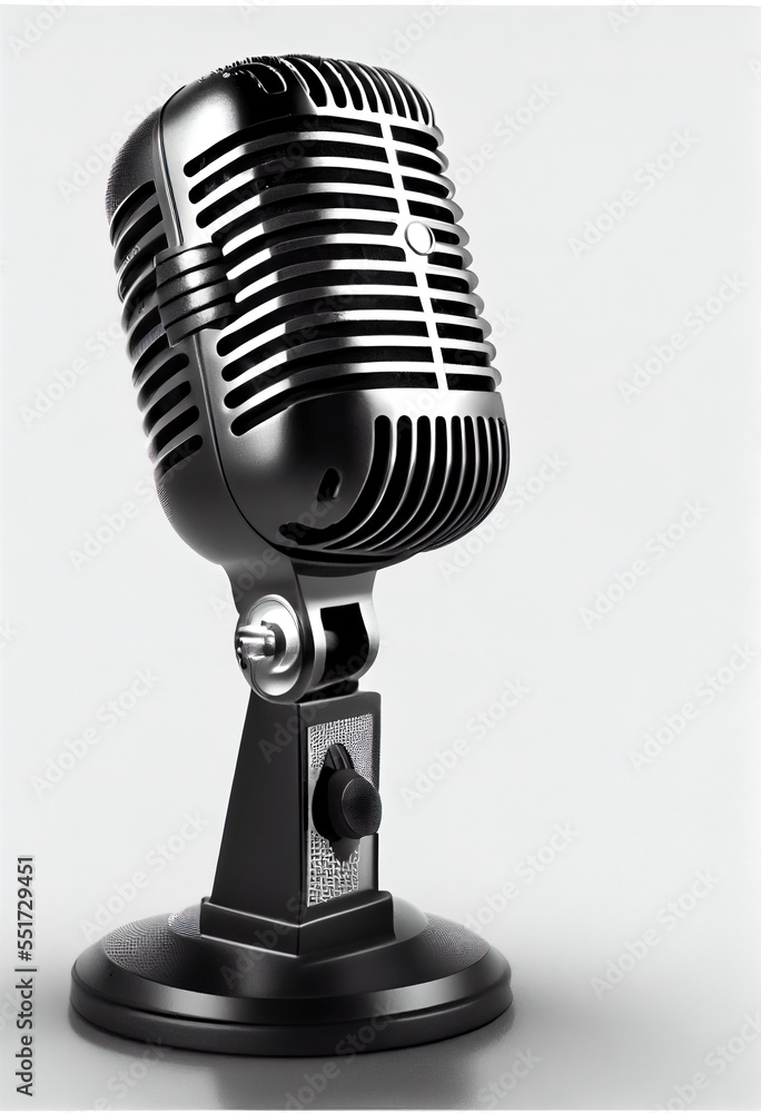 Poster a black microphone on a stand on a white background with a shadow of the microphone on the ground an