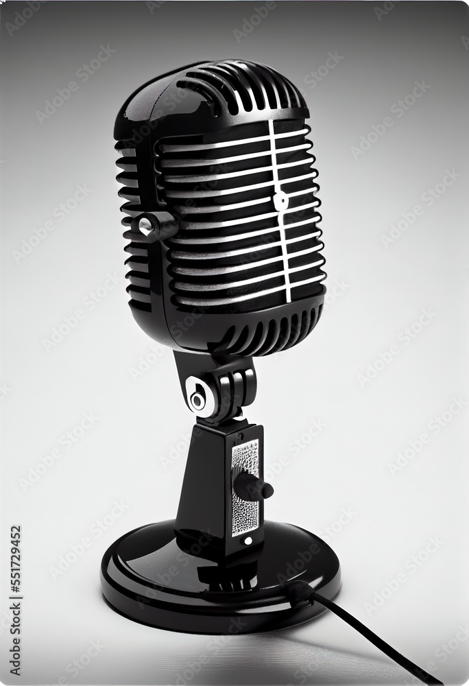 Poster a black microphone with a cord attached to it's side and a white background behind it with a black a