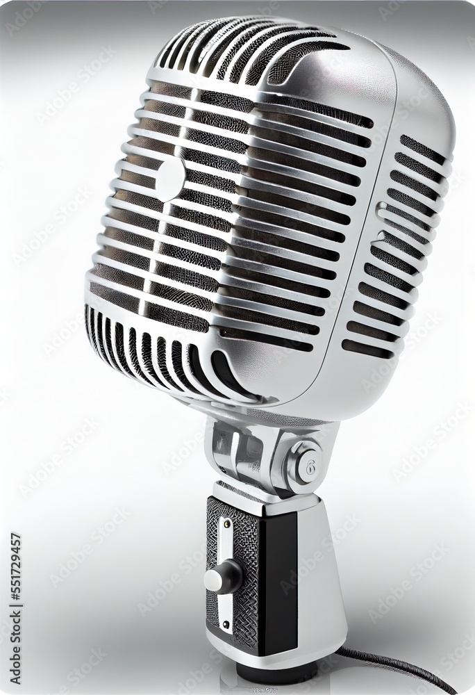 Poster a silver microphone with a cord attached to it's side and a white background behind it with a black 