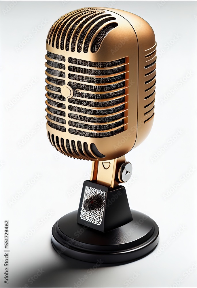 Poster a golden microphone on a black stand with a white background and a white background behind it is a b