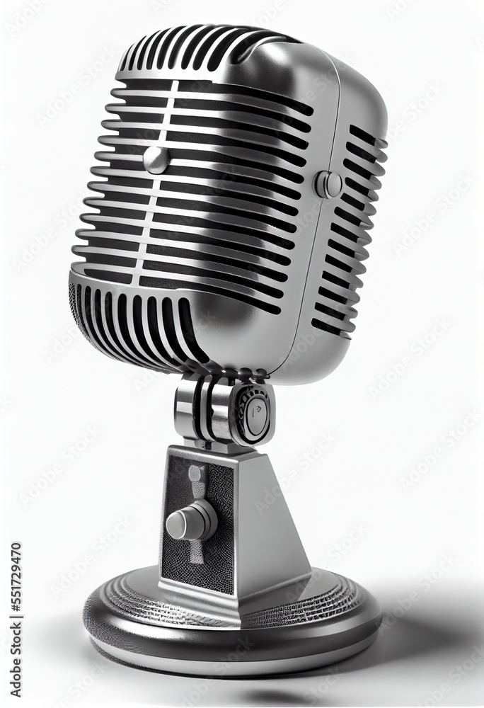 Poster a silver microphone on a stand with a white background behind it and a shadow of the microphone on t