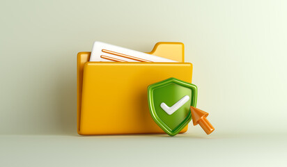 Yellow folder file, shield with check mark cartoon style, data security concept, 3d rendering illustration