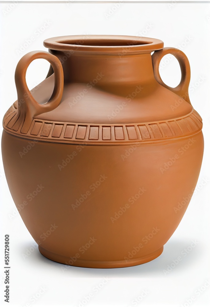 Poster a brown vase with a handle on a white background with a shadow of a person standing in front of it. 