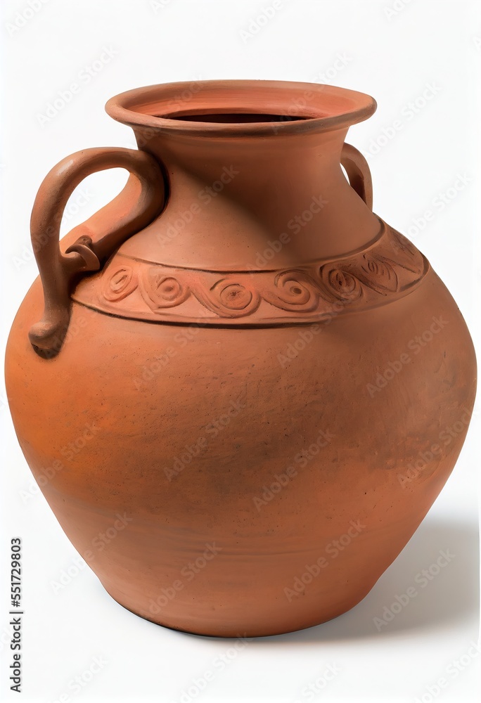 Poster a large brown vase with a handle on a white background with a shadow of a hand holding the handle. g