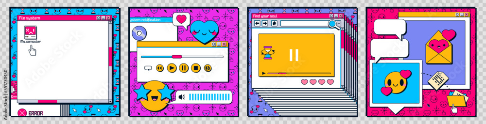 Poster retro desktop computer interface with windows, folders, music player and smiling icons. social media