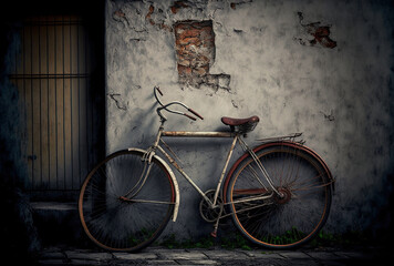 Fototapeta na wymiar an aged bicycle placed close to a concrete wall. Generative AI