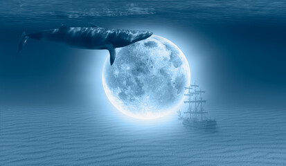 Silhouette of old abandoned ghost shipwreck sea or ocean bottom with whale Full Moon in the background "Elements of this image furnished by NASA"