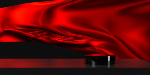 Red color podium on red fabric flying wave. Luxury background for branding and product presentation. 3d rendering illustration.