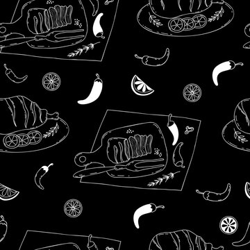Seamless pattern with barbecue meat. Grilled beef and fried pork leg with chili and lime slices chalk line on black background. Vector illustration linear hand drawing in doodle style.