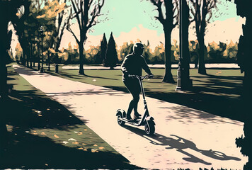Person riding a scooter in a metropolitan park, moving vaguely. Generative AI