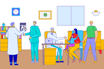 Family therapist doctor character help mother, father and children kid, medical examination line flat vector illustration, physician office.